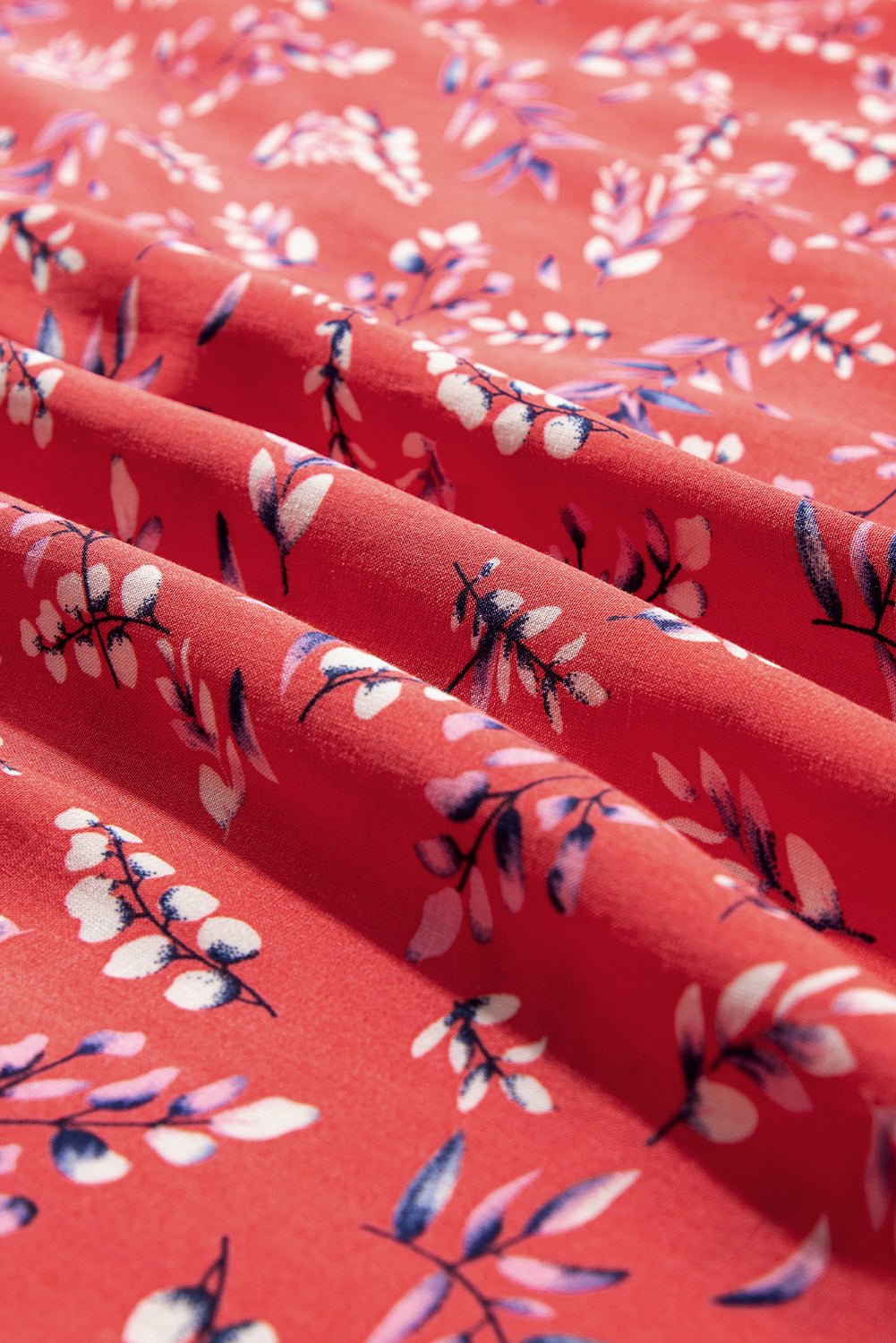 Red Floral Tie Split Neck Flounce Sleeve Blouse - MAD RUFFI