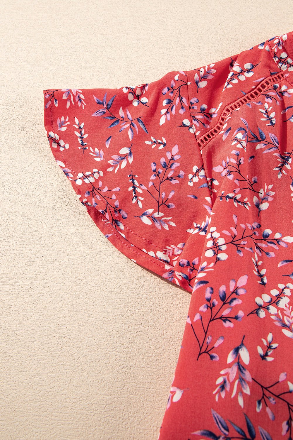 Red Floral Tie Split Neck Flounce Sleeve Blouse - MAD RUFFI