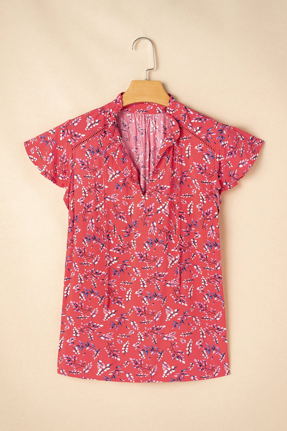 Red Floral Tie Split Neck Flounce Sleeve Blouse - MAD RUFFI