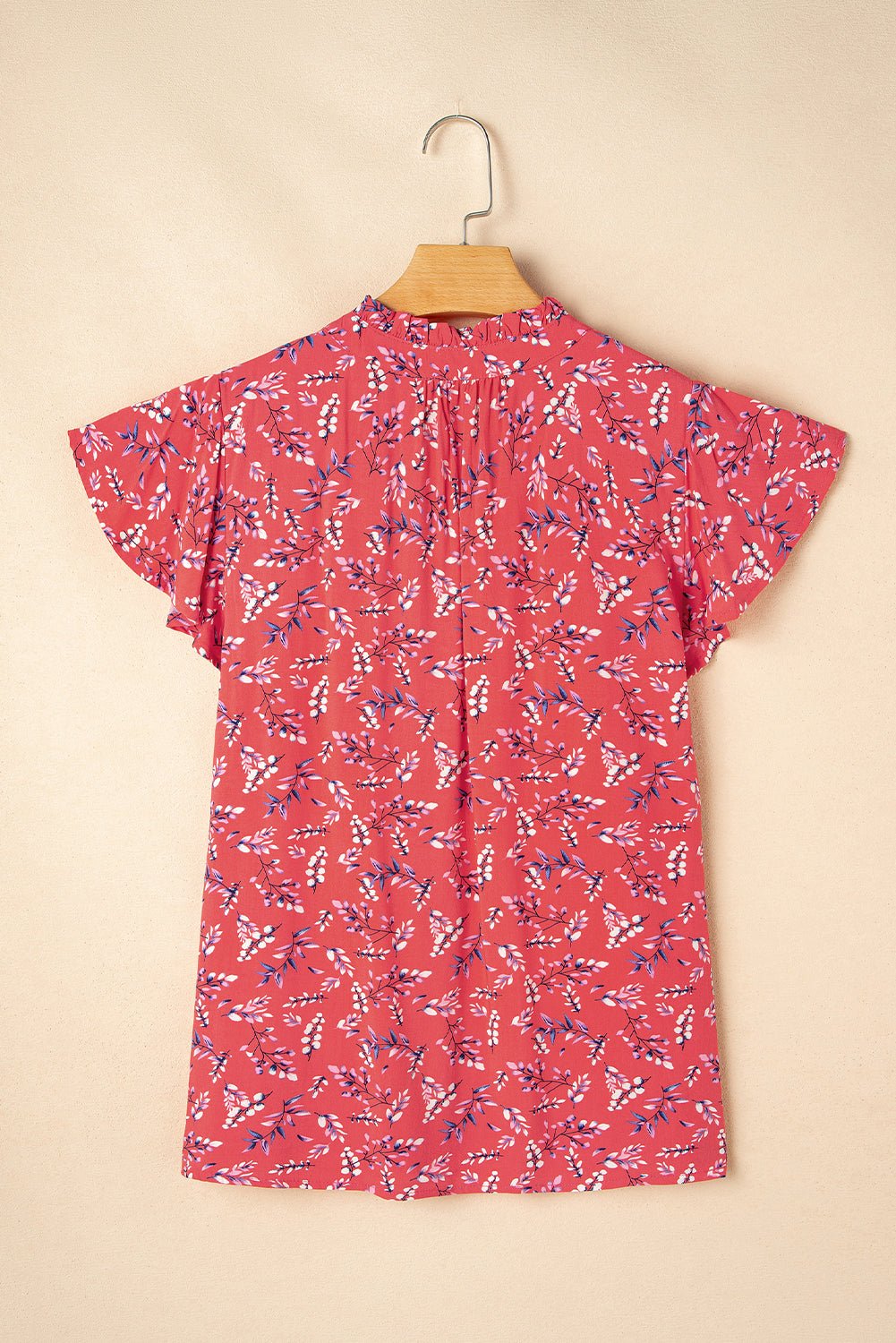 Red Floral Tie Split Neck Flounce Sleeve Blouse - MAD RUFFI