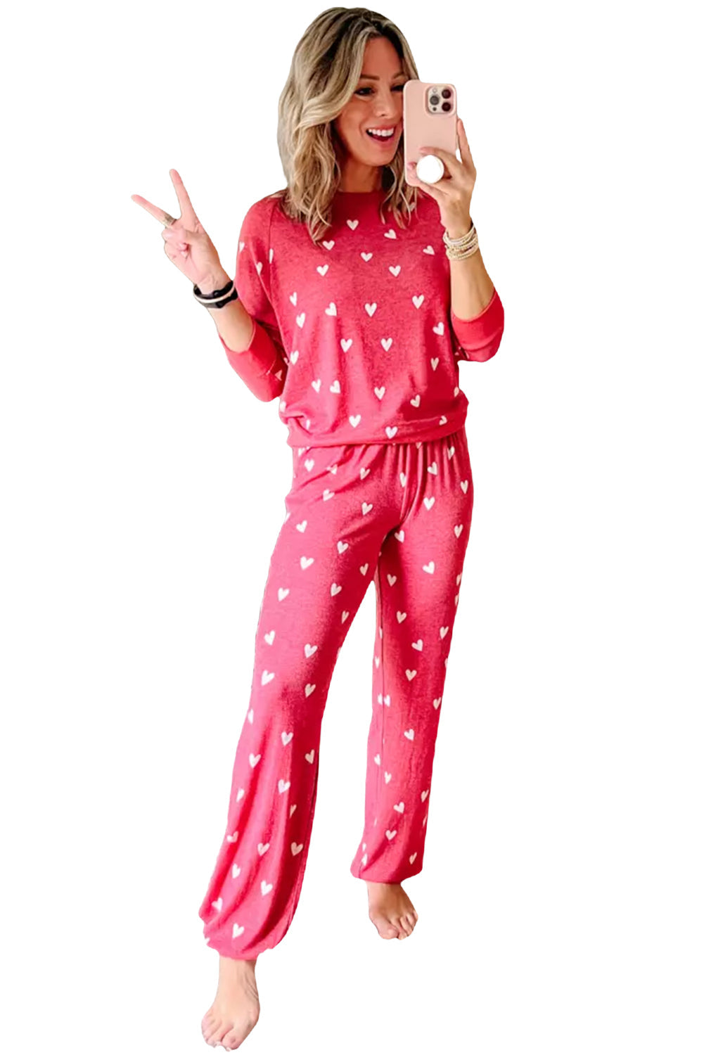 Red Heart Print Raglan Sleeve Top and Pants Set - Two Piece Pants Sets