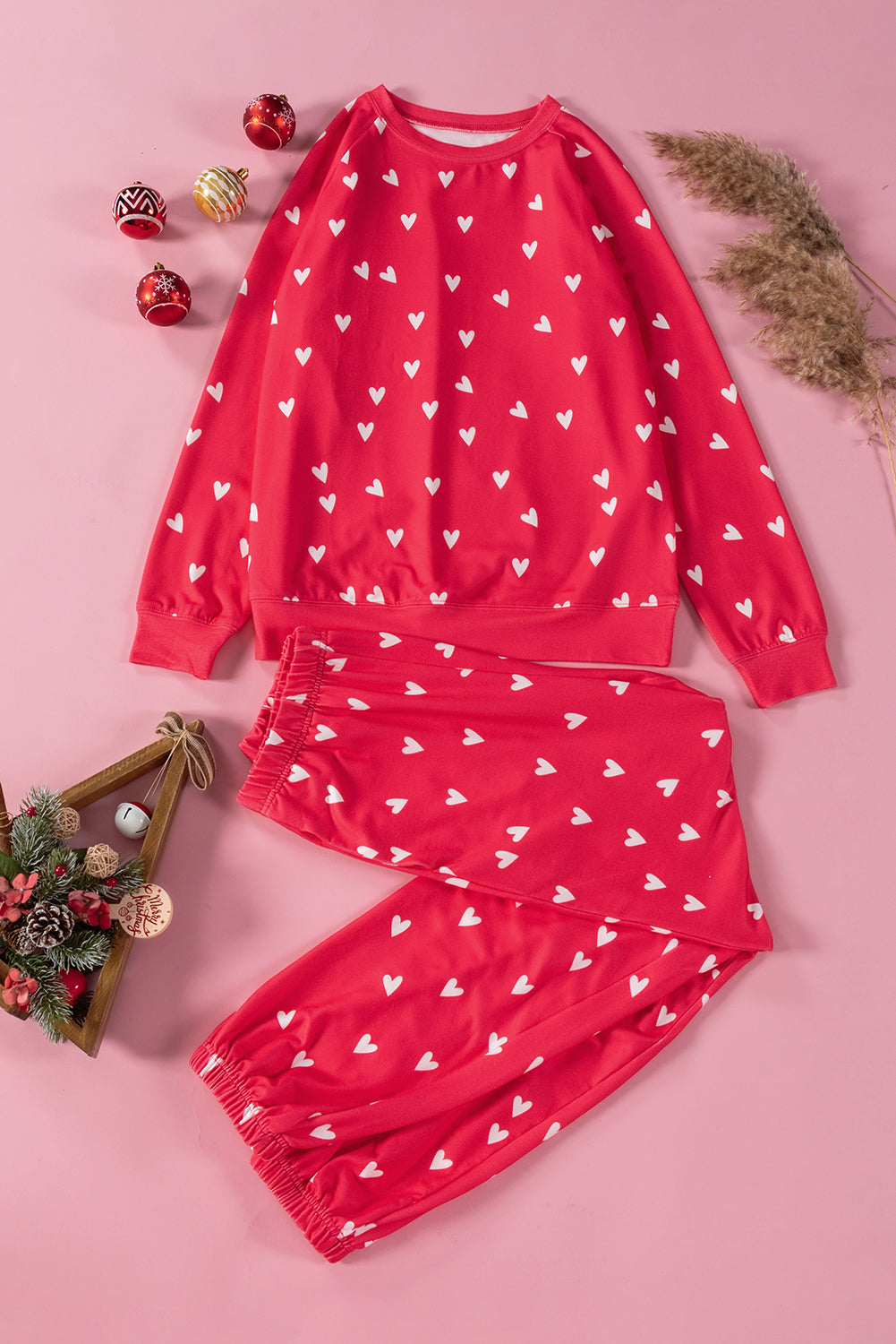 Red Heart Print Raglan Sleeve Top and Pants Set - Two Piece Pants Sets