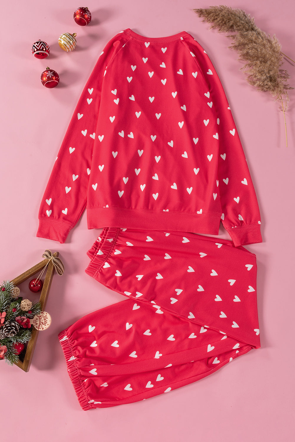 Red Heart Print Raglan Sleeve Top and Pants Set - Two Piece Pants Sets