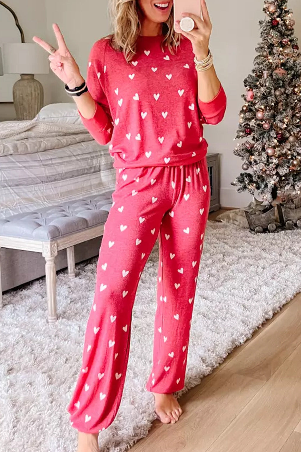 Red Heart Print Raglan Sleeve Top and Pants Set - Two Piece Pants Sets