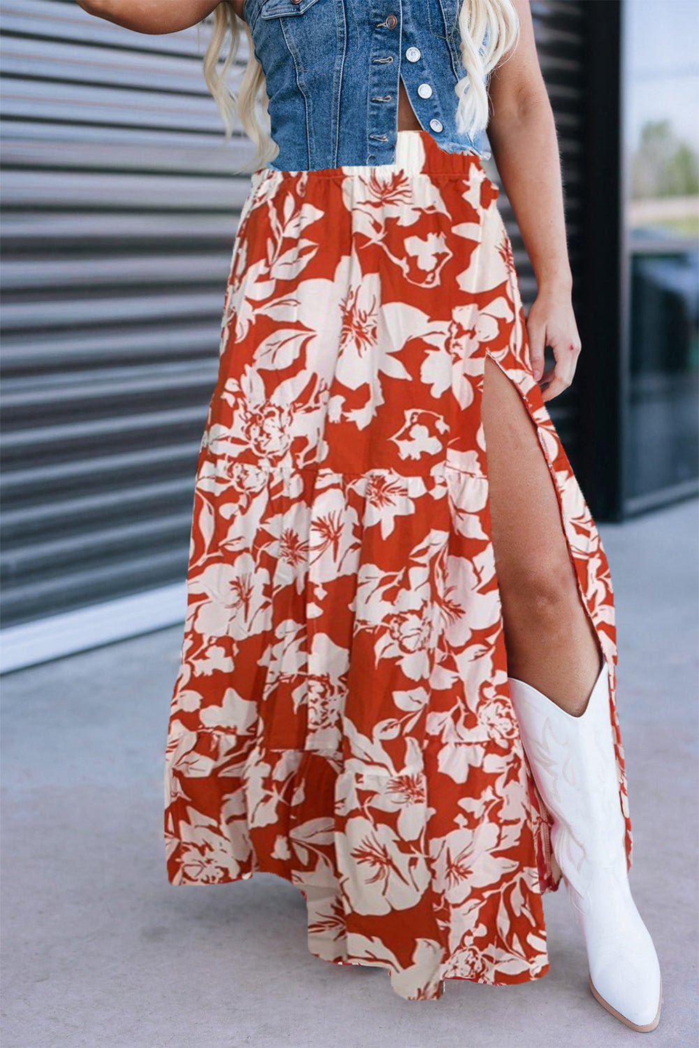 Red High Split Floral Tiered Maxi Skirt - MAD RUFFI