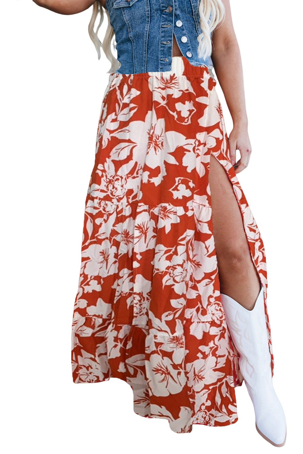 Red High Split Floral Tiered Maxi Skirt - MAD RUFFI