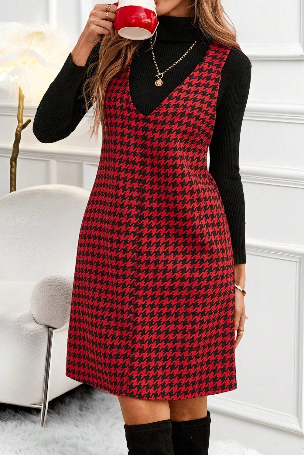 Red Houndstooth Print V Neck Sleeveless Mini Dress - MAD RUFFI