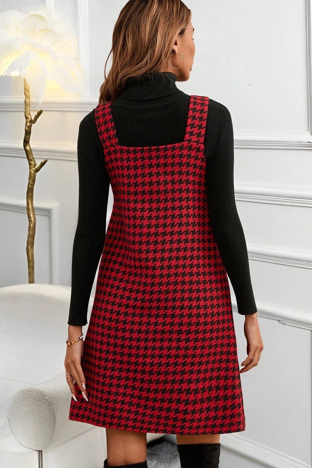 Red Houndstooth Print V Neck Sleeveless Mini Dress - MAD RUFFI
