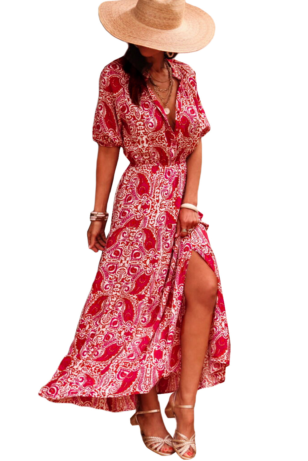 Red Paisley Print Side Slit Puff Sleeve High Waist Maxi Dress - MAD RUFFI