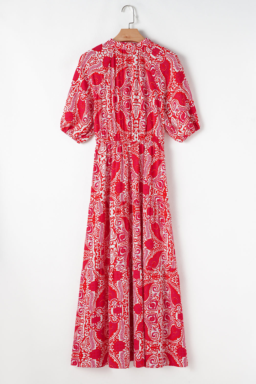 Red Paisley Print Side Slit Puff Sleeve High Waist Maxi Dress - MAD RUFFI