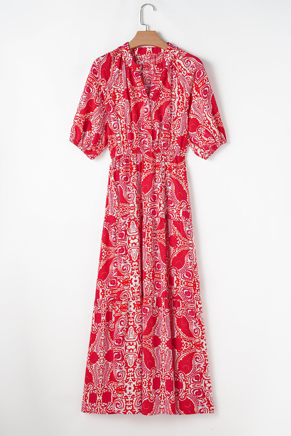 Red Paisley Print Side Slit Puff Sleeve High Waist Maxi Dress - MAD RUFFI