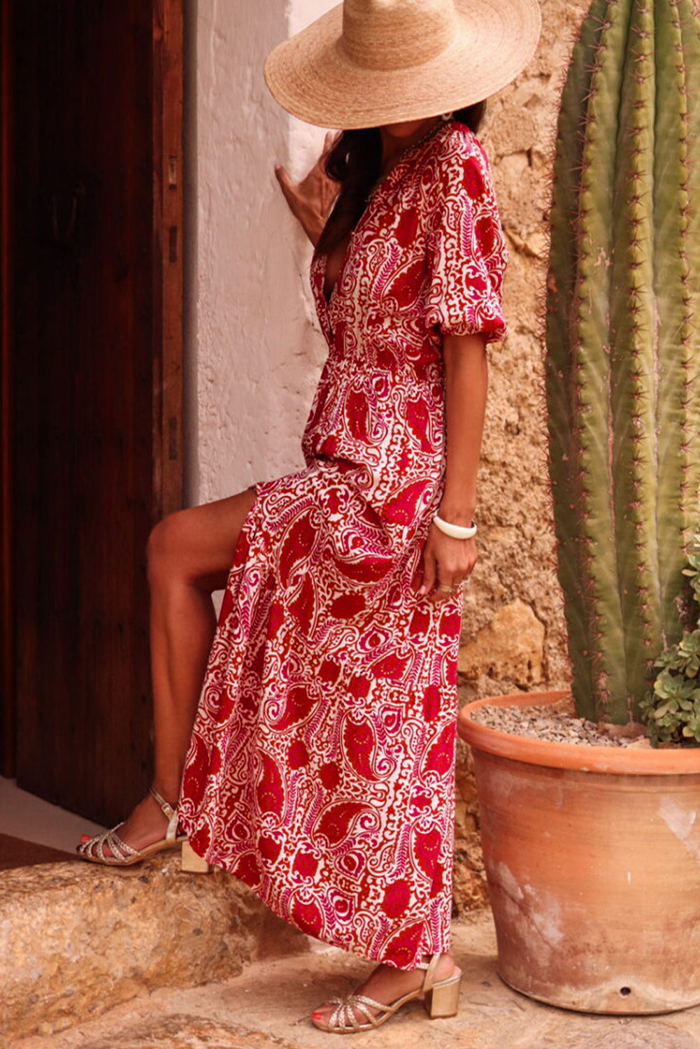 Red Paisley Print Side Slit Puff Sleeve High Waist Maxi Dress - MAD RUFFI