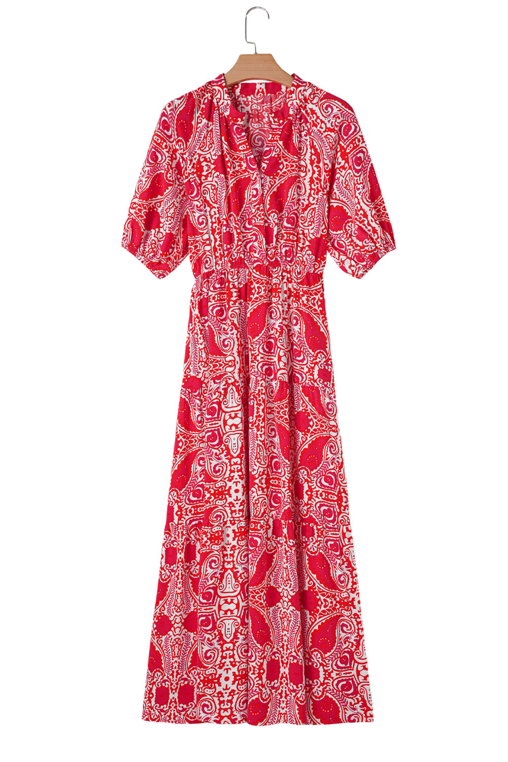 Red Paisley Print Side Slit Puff Sleeve High Waist Maxi Dress - MAD RUFFI