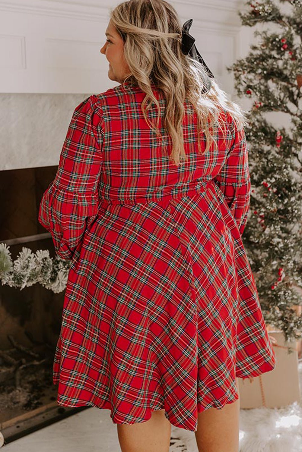 Red Plaid Half Button Long Sleeve Holiday Plus Size Dress - MAD RUFFI
