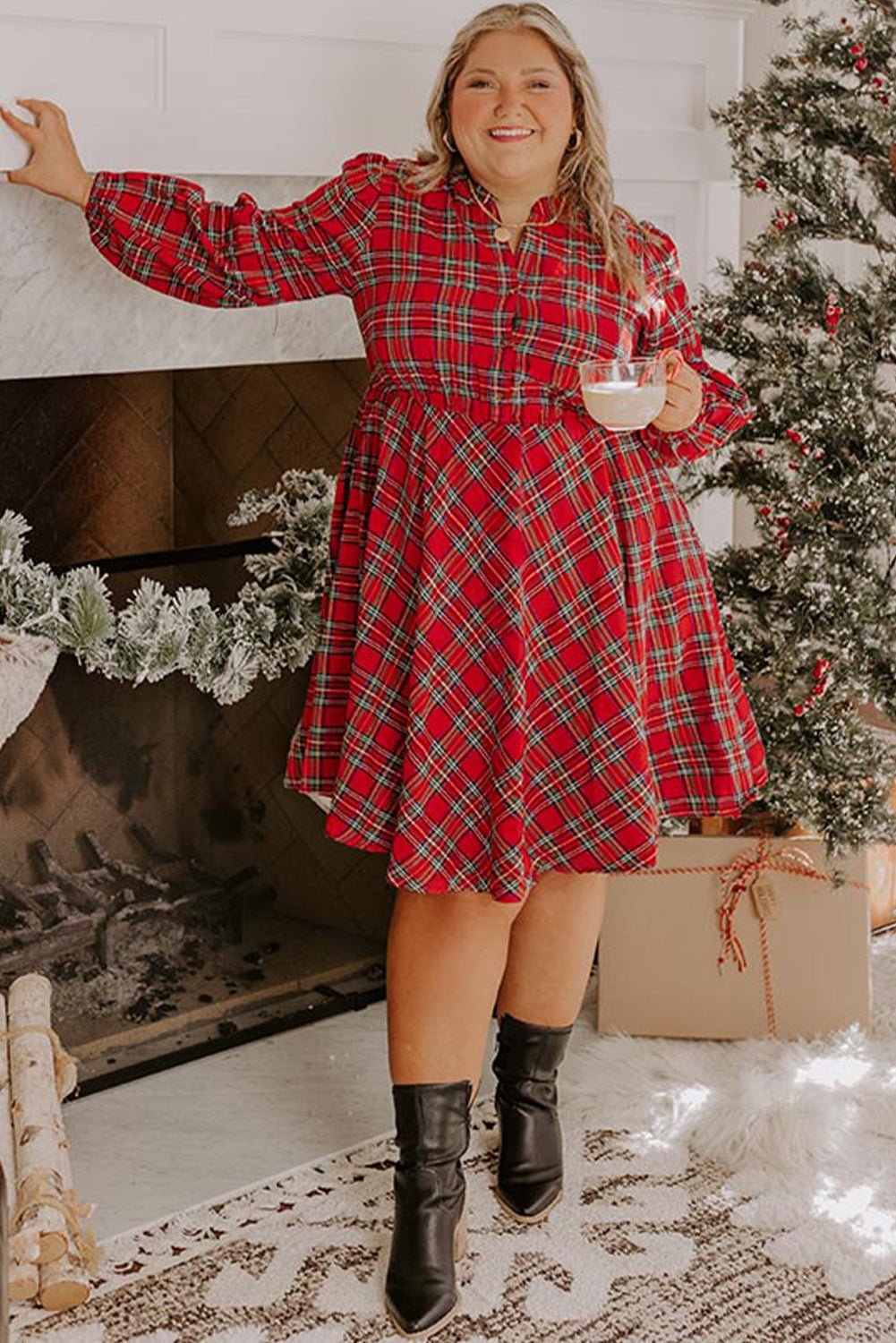 Red Plaid Half Button Long Sleeve Holiday Plus Size Dress - MAD RUFFI
