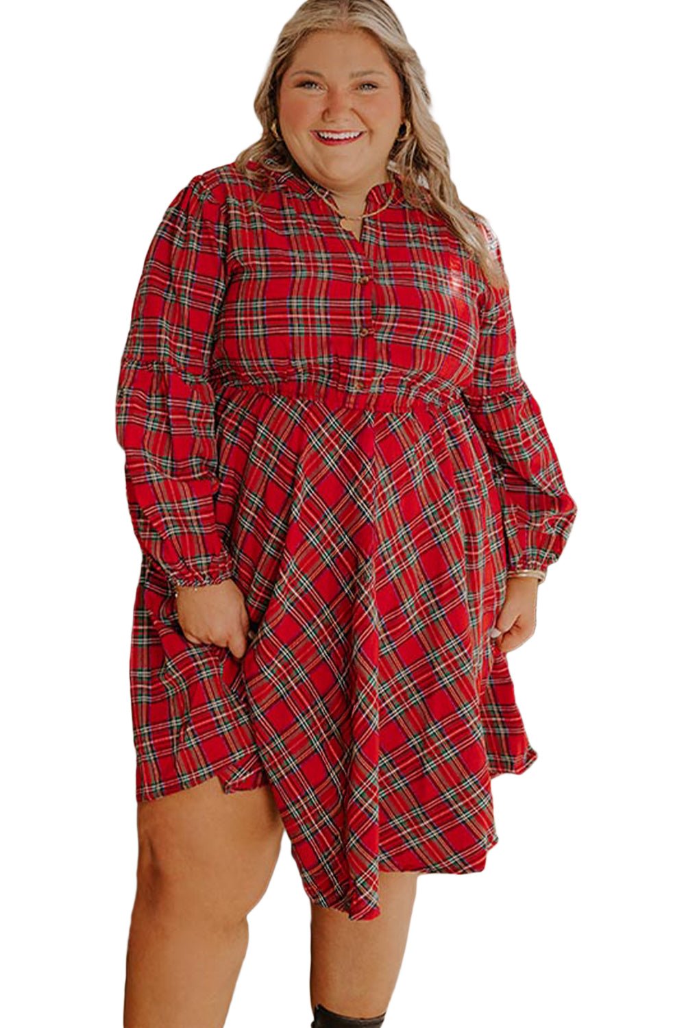 Red Plaid Half Button Long Sleeve Holiday Plus Size Dress - MAD RUFFI