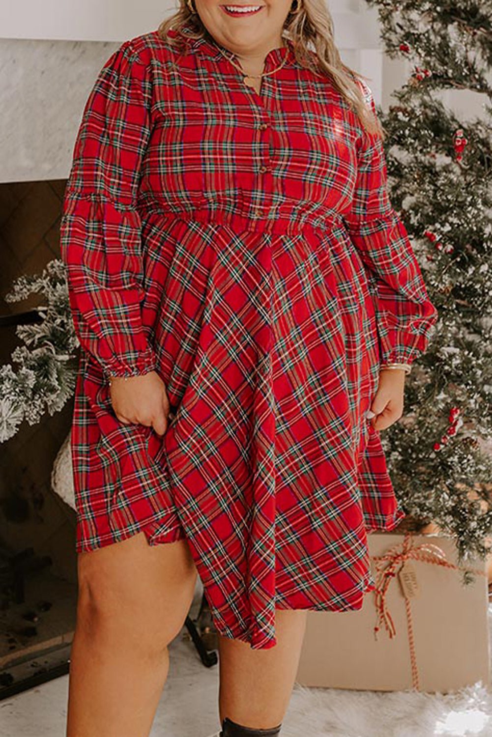 Red Plaid Half Button Long Sleeve Holiday Plus Size Dress - MAD RUFFI