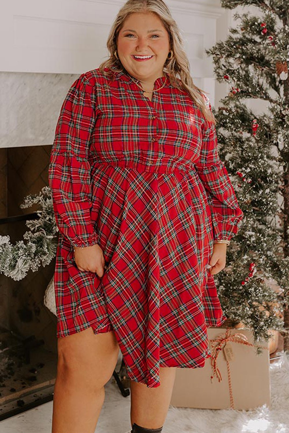 Red Plaid Half Button Long Sleeve Holiday Plus Size Dress - MAD RUFFI