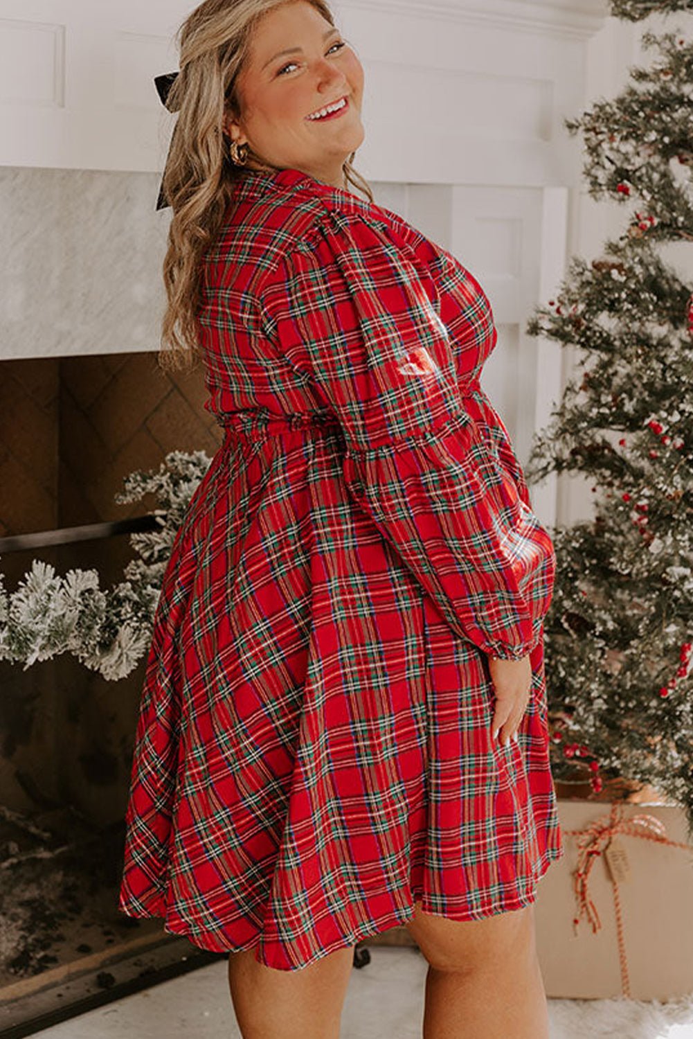 Red Plaid Half Button Long Sleeve Holiday Plus Size Dress - MAD RUFFI