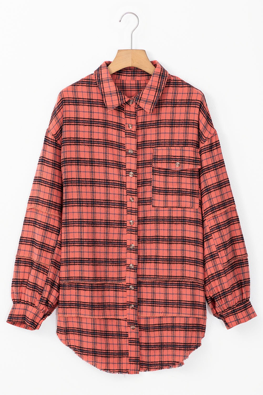 Red Plaid Long Sleeve Distressed Hem Shirt - MAD RUFFI