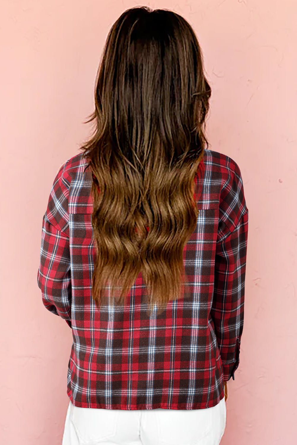 Red Plaid Print Collared V Neck Loose Blouse with Side Slits - MAD RUFFI