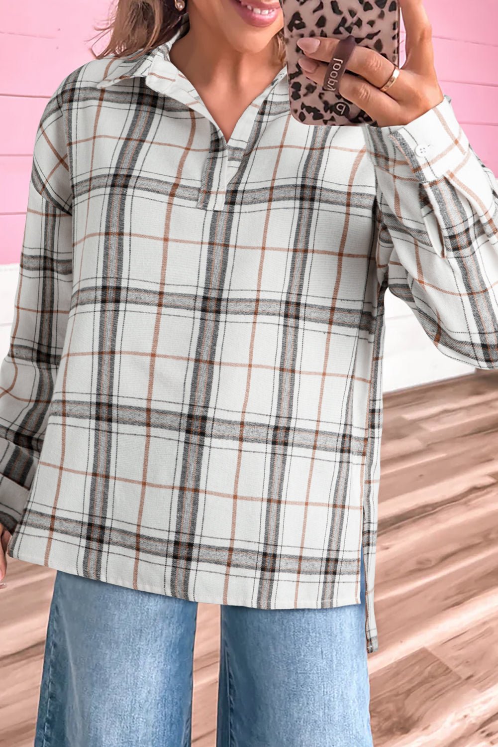 Red Plaid Print Collared V Neck Loose Blouse with Side Slits - MAD RUFFI