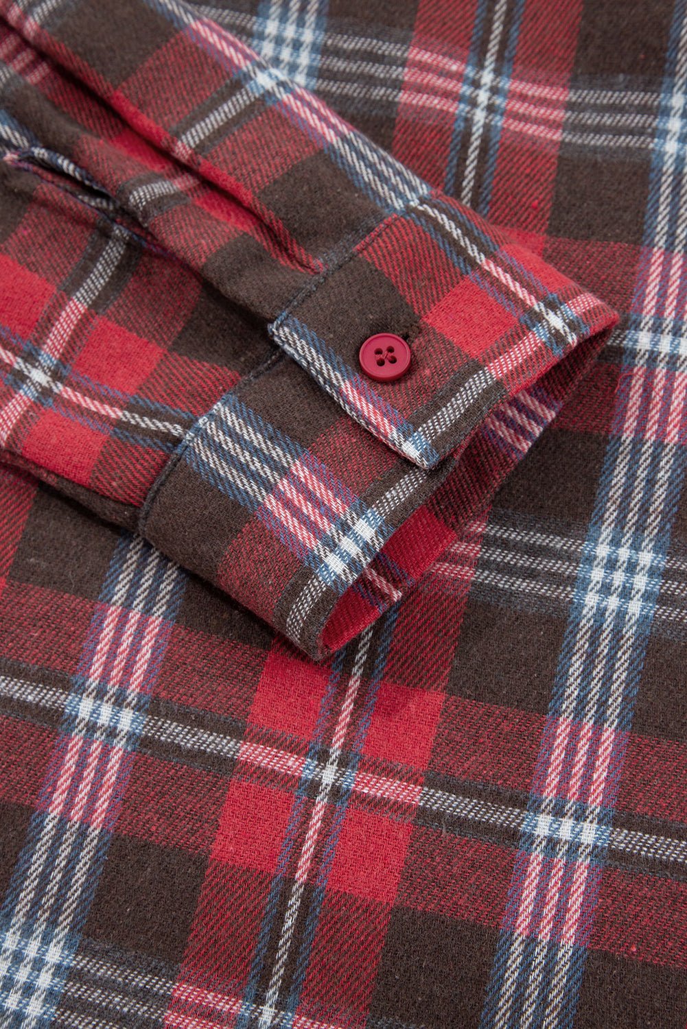 Red Plaid Print Collared V Neck Loose Blouse with Side Slits - MAD RUFFI