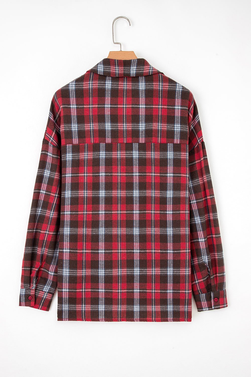 Red Plaid Print Collared V Neck Loose Blouse with Side Slits - MAD RUFFI