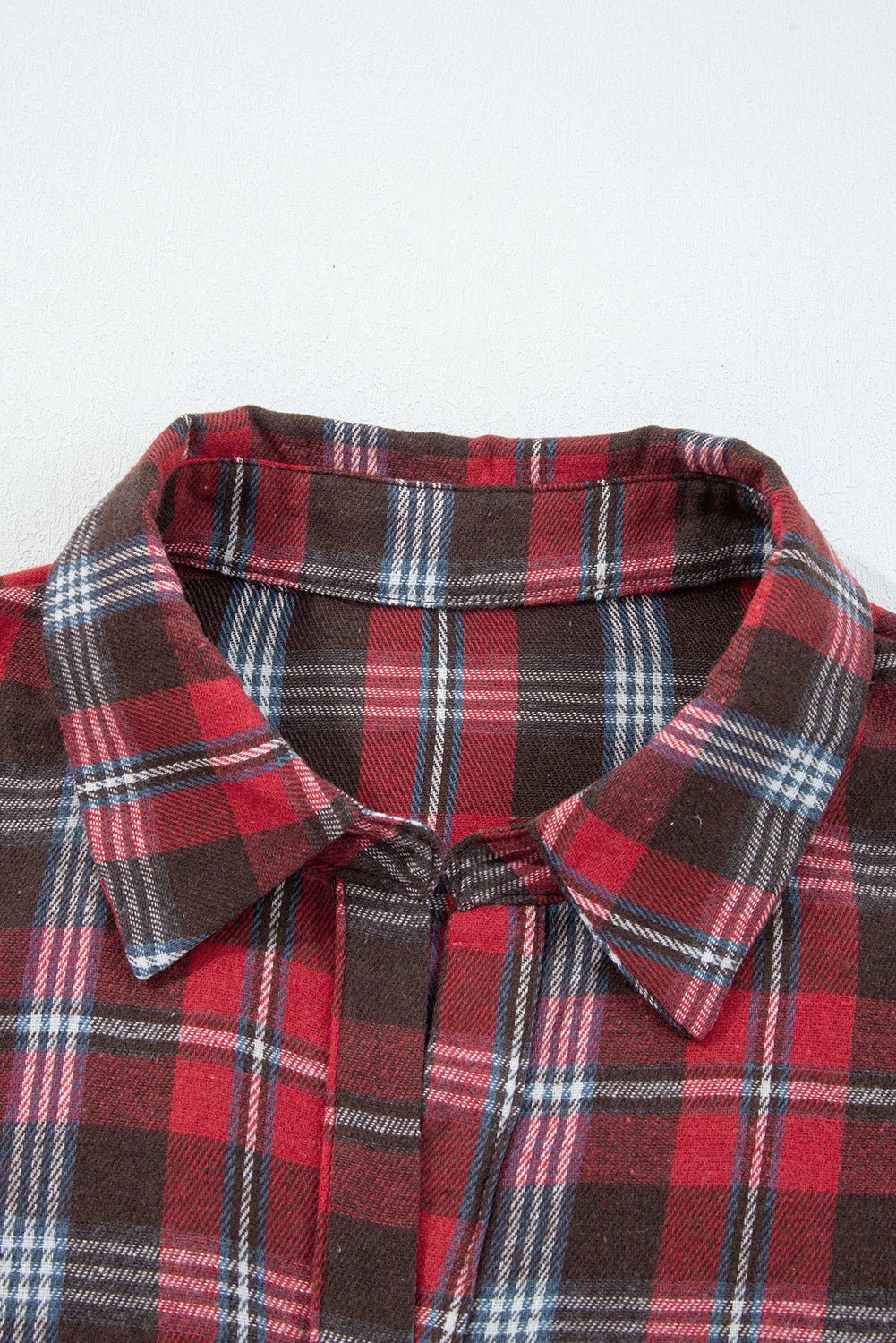 Red Plaid Print Collared V Neck Loose Blouse with Side Slits - MAD RUFFI