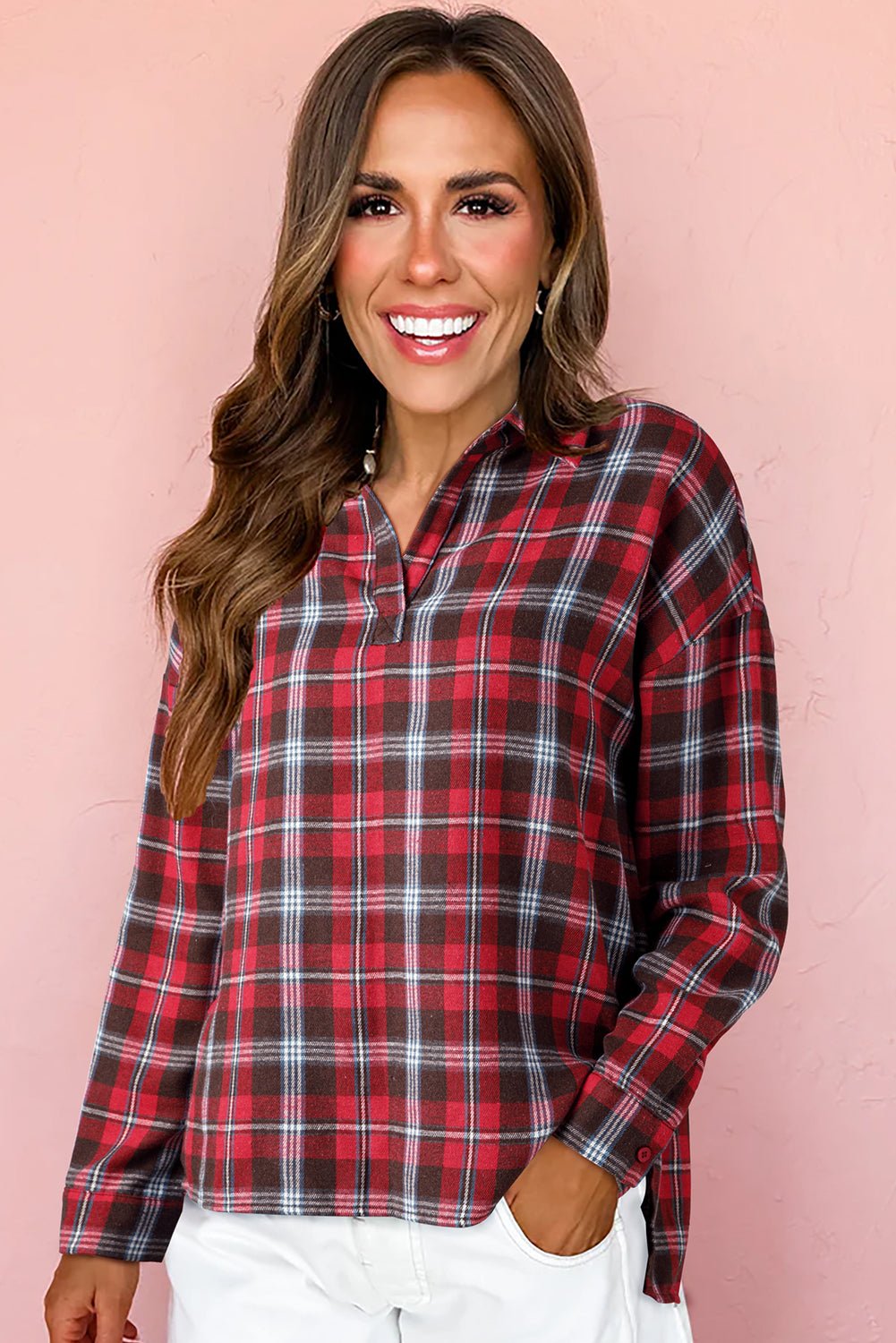 Red Plaid Print Collared V Neck Loose Blouse with Side Slits - MAD RUFFI