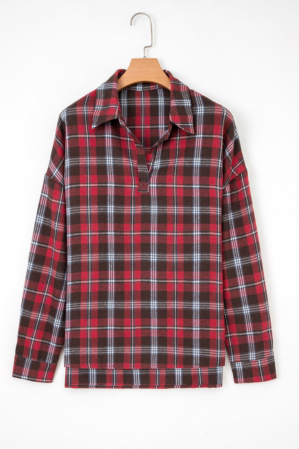 Red Plaid Print Collared V Neck Loose Blouse with Side Slits - MAD RUFFI