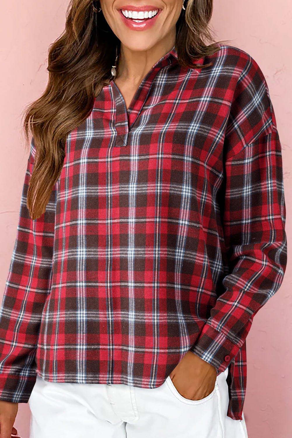 Red Plaid Print Collared V Neck Loose Blouse with Side Slits - MAD RUFFI