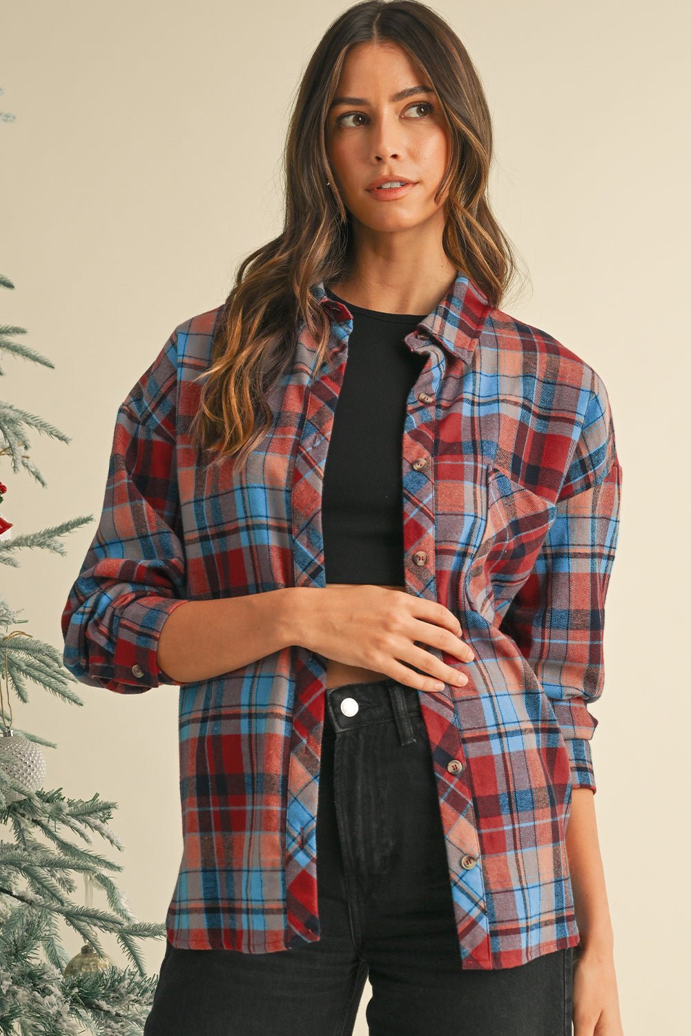 Red Plaid Print Drop Sleeve Loose Shirt - MAD RUFFI