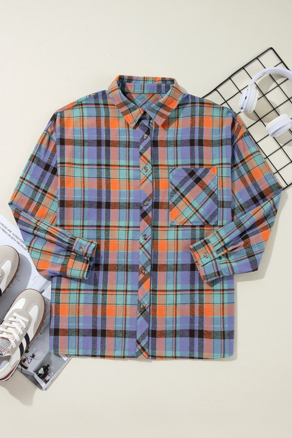 Red Plaid Print Drop Sleeve Loose Shirt - MAD RUFFI