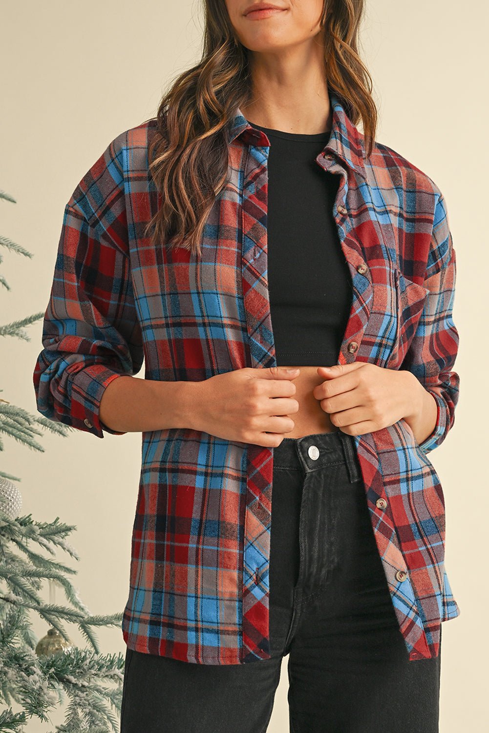 Red Plaid Print Drop Sleeve Loose Shirt - MAD RUFFI