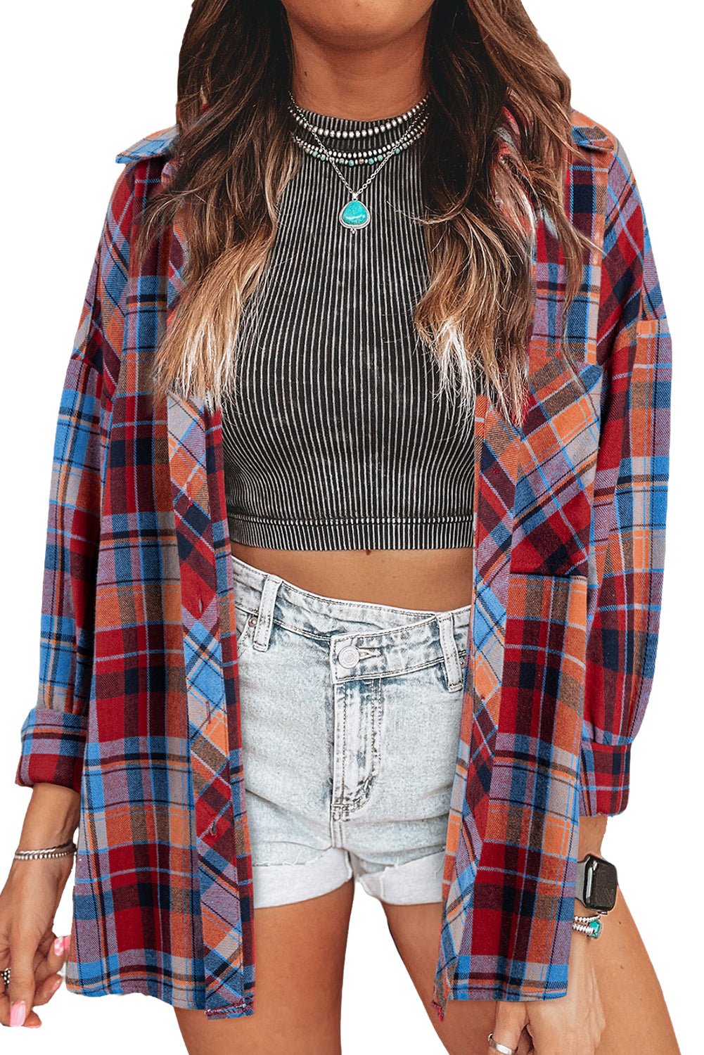 Red Plaid Print Drop Sleeve Loose Shirt - MAD RUFFI