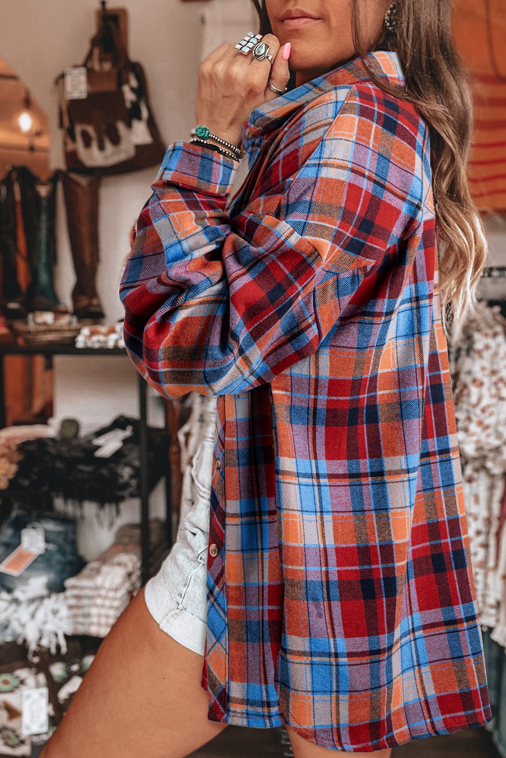 Red Plaid Print Drop Sleeve Loose Shirt - MAD RUFFI