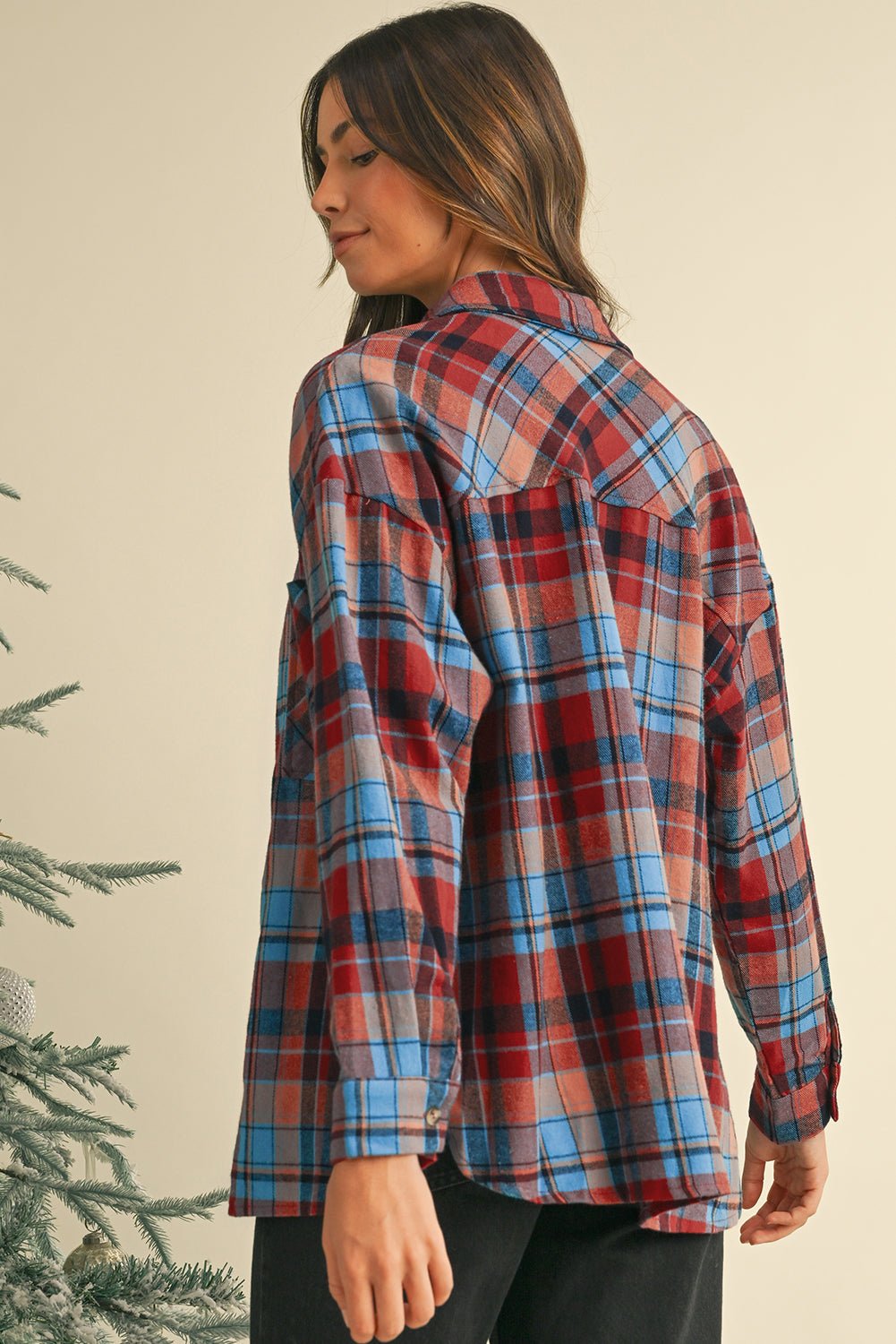 Red Plaid Print Drop Sleeve Loose Shirt - MAD RUFFI