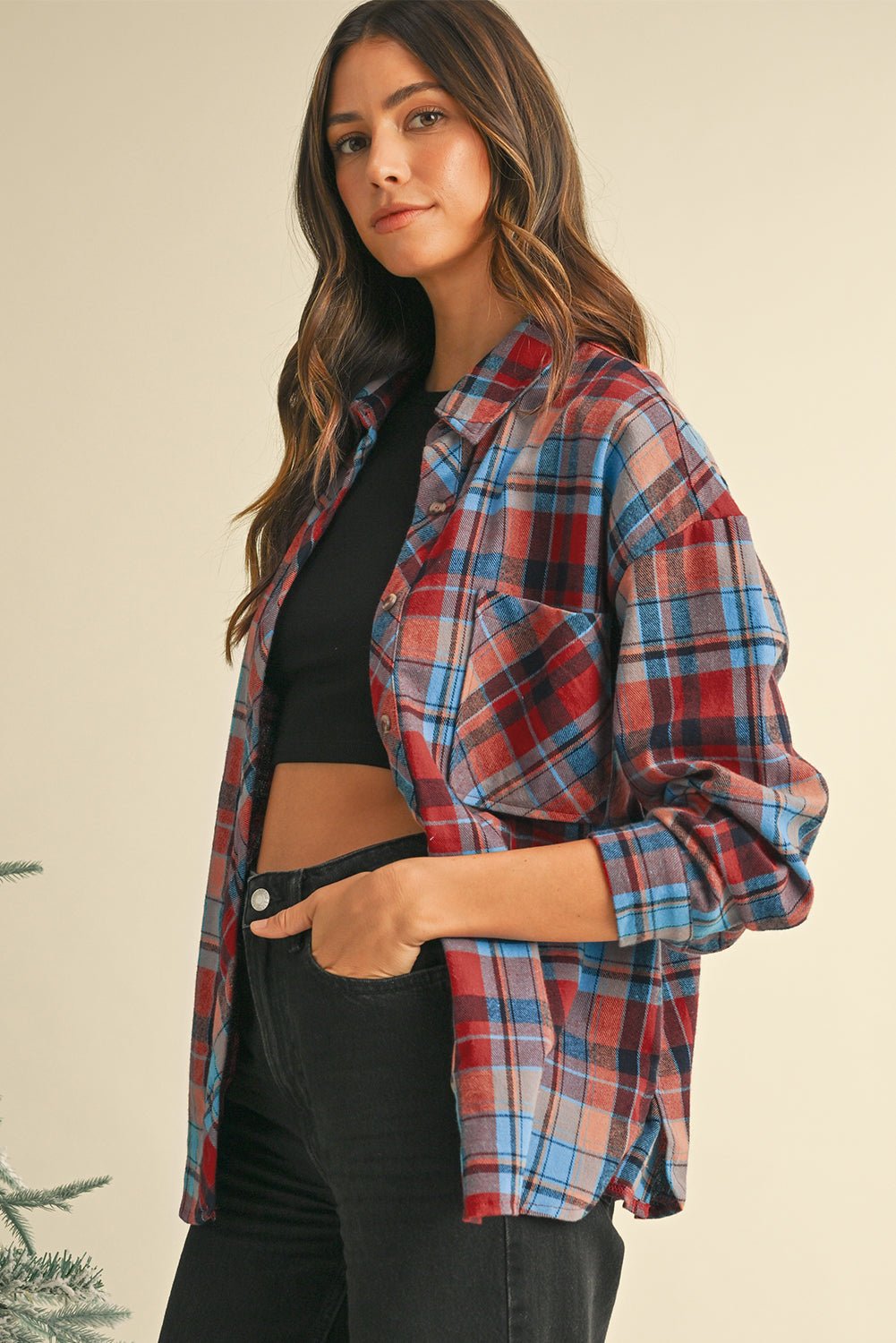 Red Plaid Print Drop Sleeve Loose Shirt - MAD RUFFI