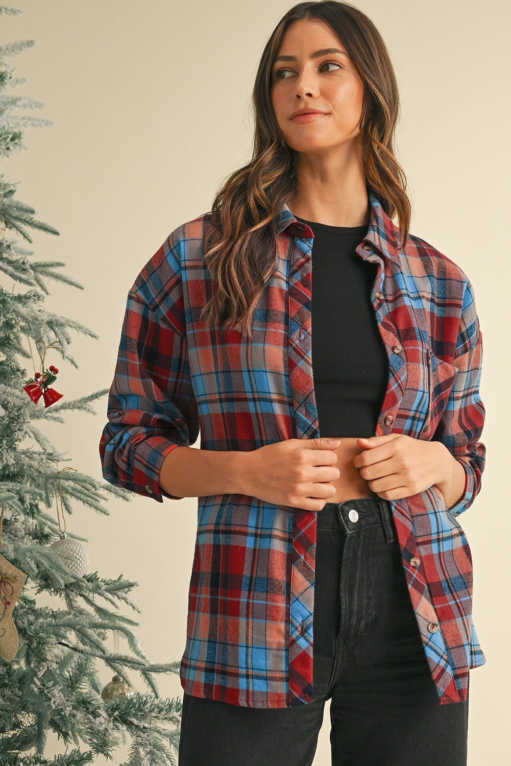 Red Plaid Print Drop Sleeve Loose Shirt - MAD RUFFI