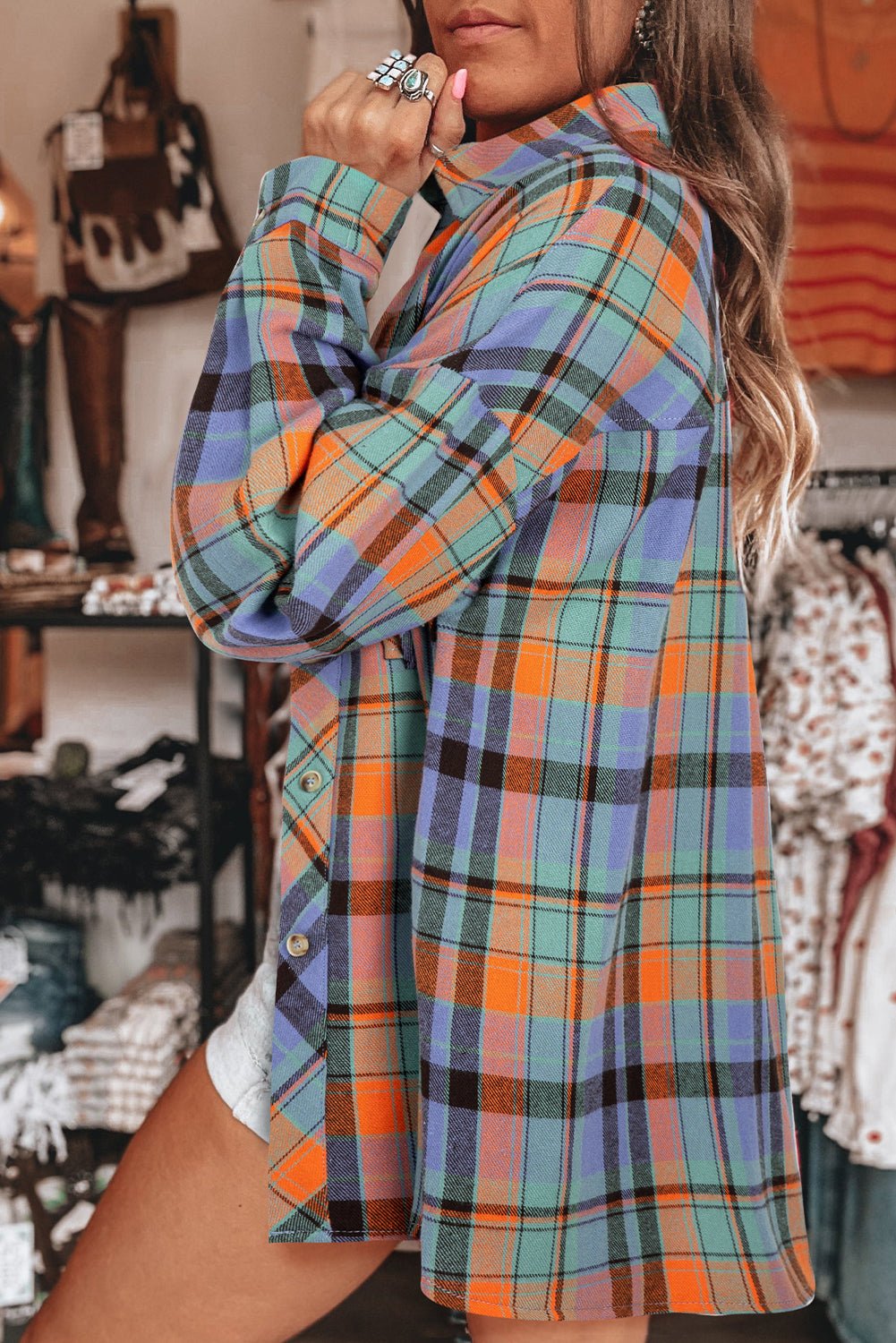 Red Plaid Print Drop Sleeve Loose Shirt - MAD RUFFI