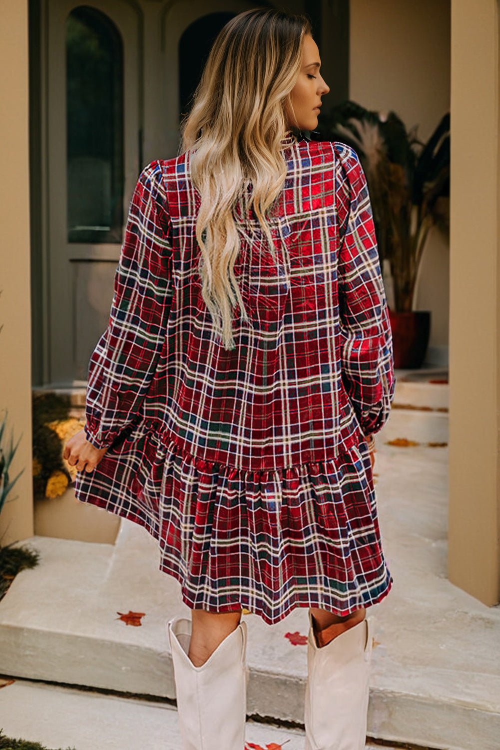 Red Plaid Print Frill Neck Long Sleeve Mini Dress - MAD RUFFI
