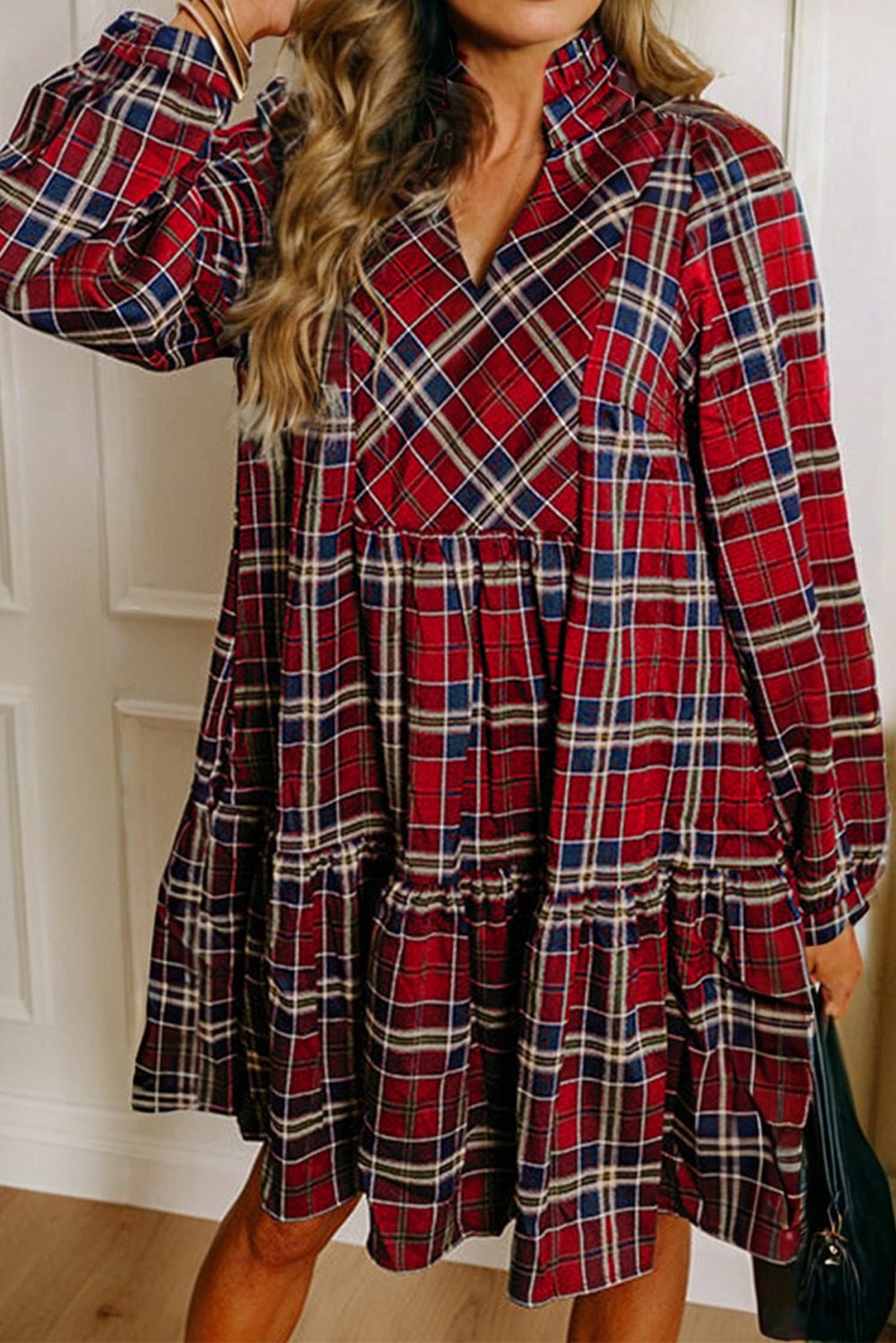 Red Plaid Print Frill Neck Long Sleeve Mini Dress - MAD RUFFI