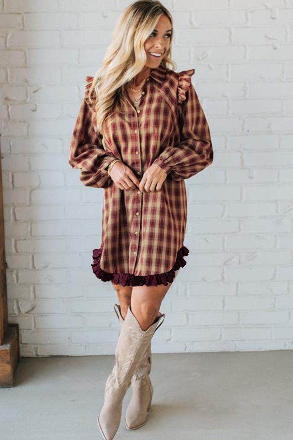 Red Plaid Print Ruffled Long Sleeve Patchwork Hem Mini Shirt Dress - MAD RUFFI
