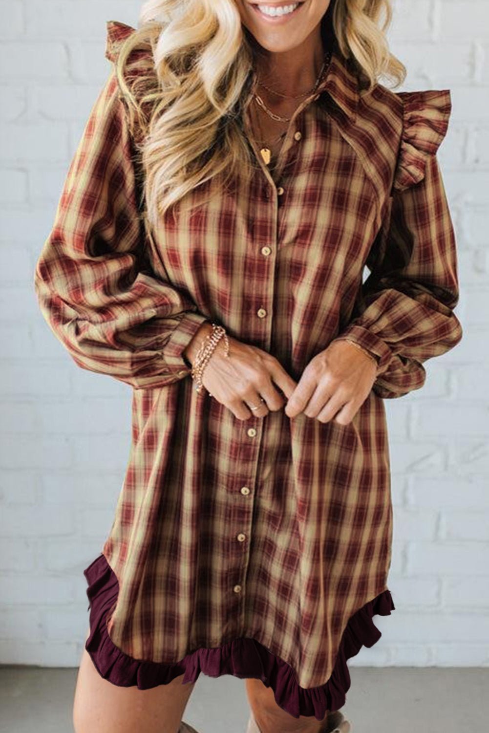 Red Plaid Print Ruffled Long Sleeve Patchwork Hem Mini Shirt Dress - MAD RUFFI