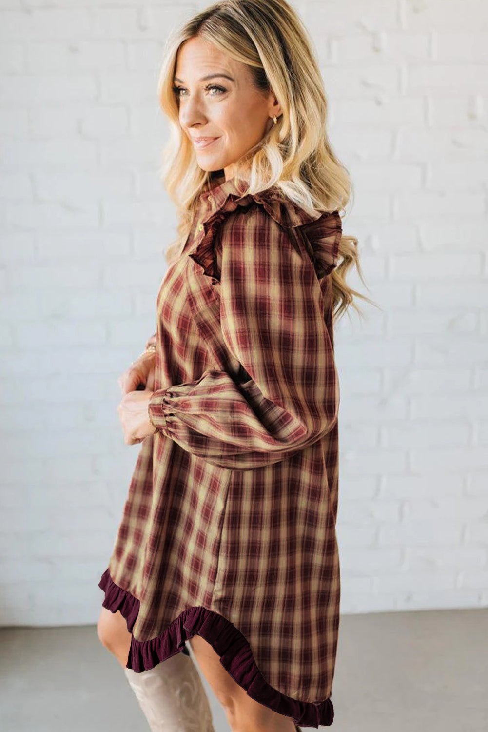 Red Plaid Print Ruffled Long Sleeve Patchwork Hem Mini Shirt Dress - MAD RUFFI