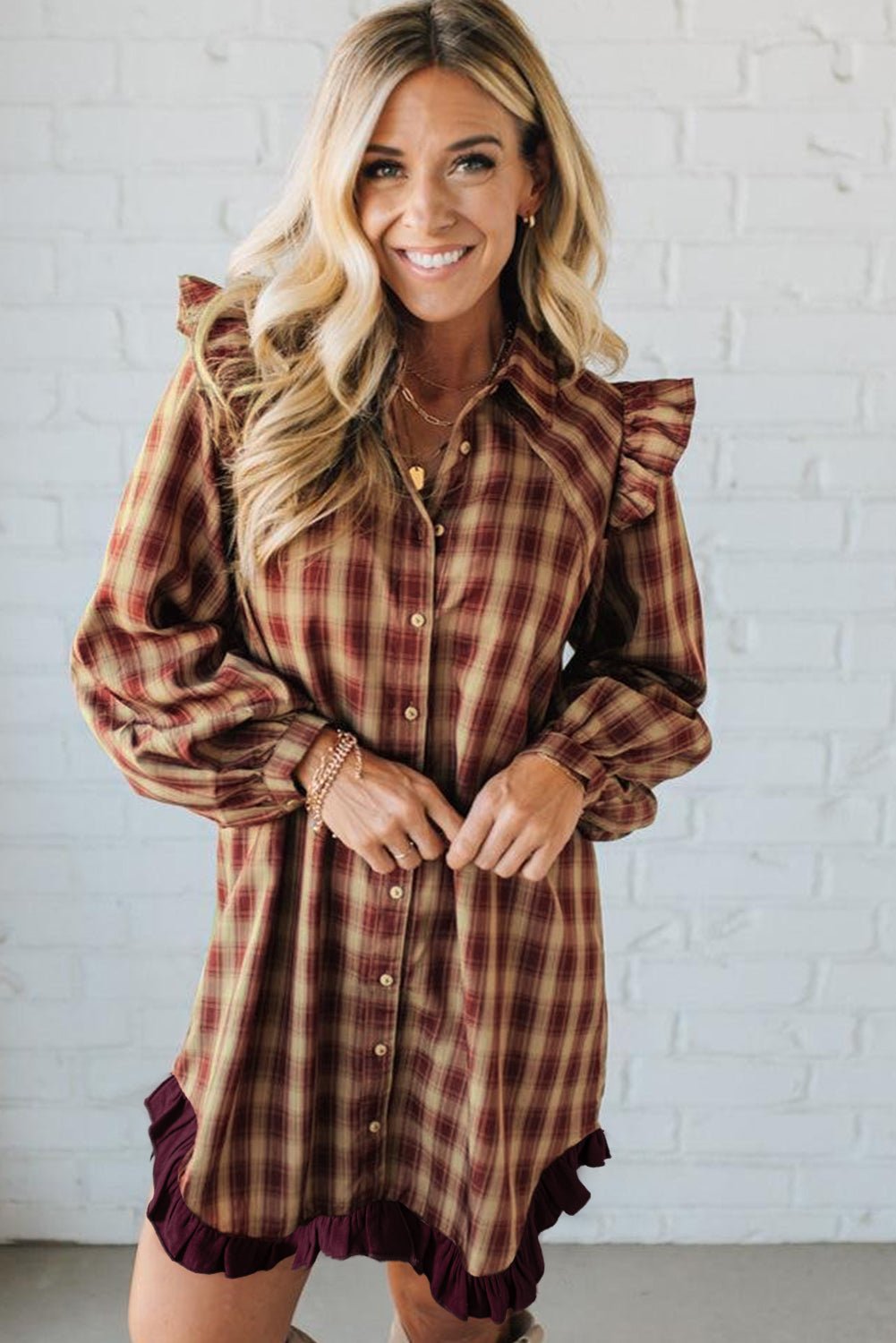 Red Plaid Print Ruffled Long Sleeve Patchwork Hem Mini Shirt Dress - MAD RUFFI