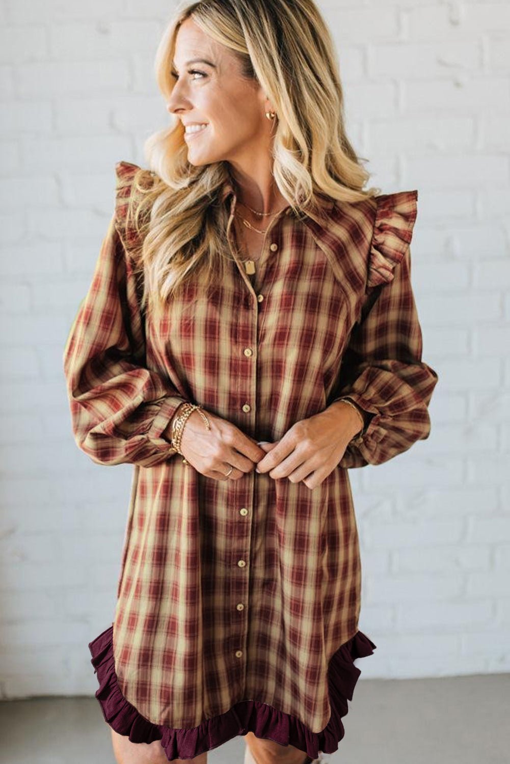 Red Plaid Print Ruffled Long Sleeve Patchwork Hem Mini Shirt Dress - MAD RUFFI