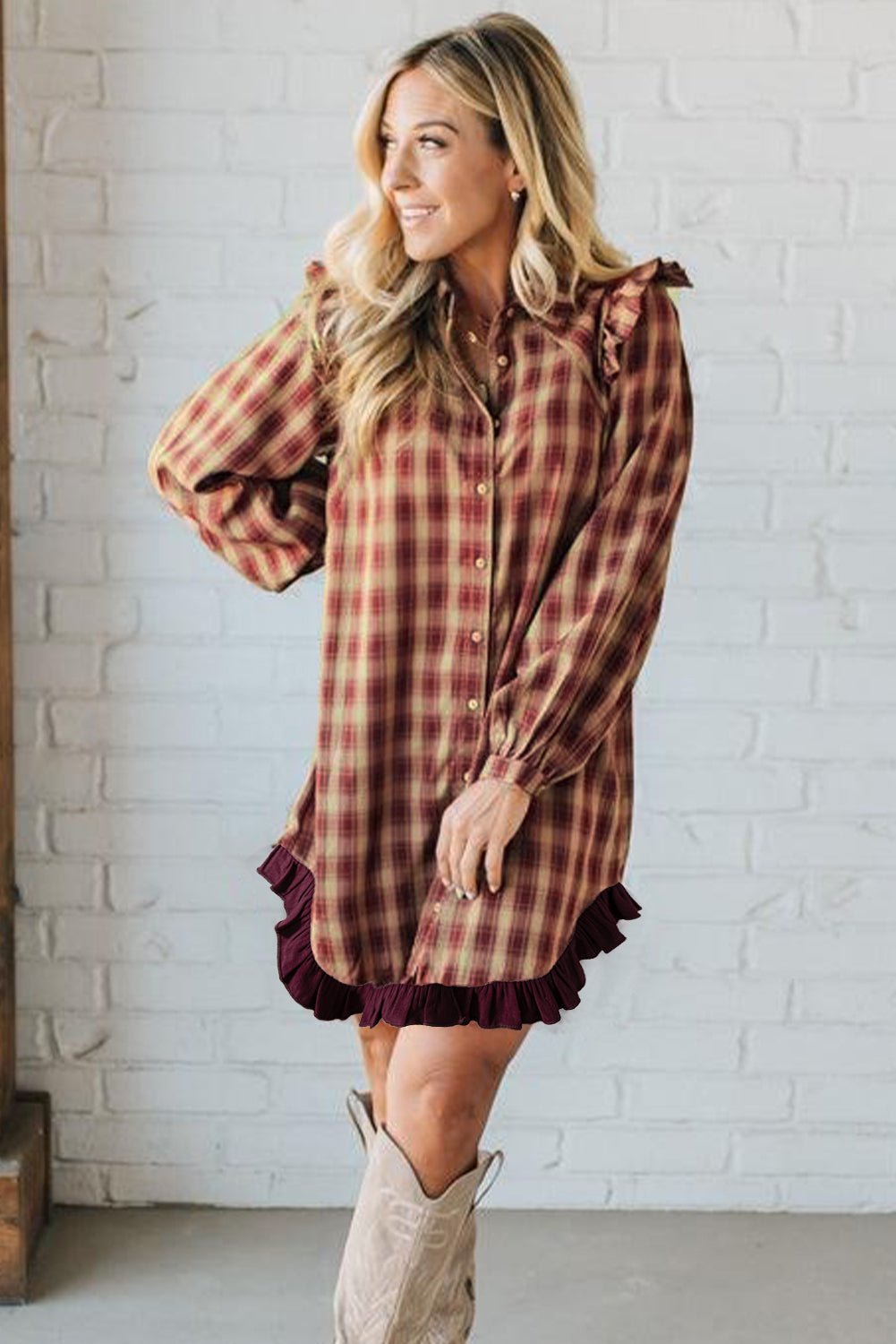 Red Plaid Print Ruffled Long Sleeve Patchwork Hem Mini Shirt Dress - MAD RUFFI