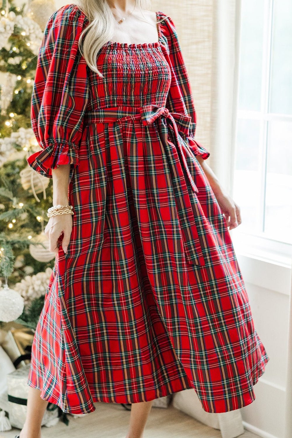 Red Plaid Square Neck Puff Sleeve Bowknot Waist Flared Midi Dress - MAD RUFFI